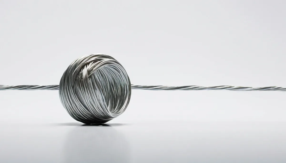 A fine silver wire on a white background, illustrating the precision of asset allocation weight calibration.