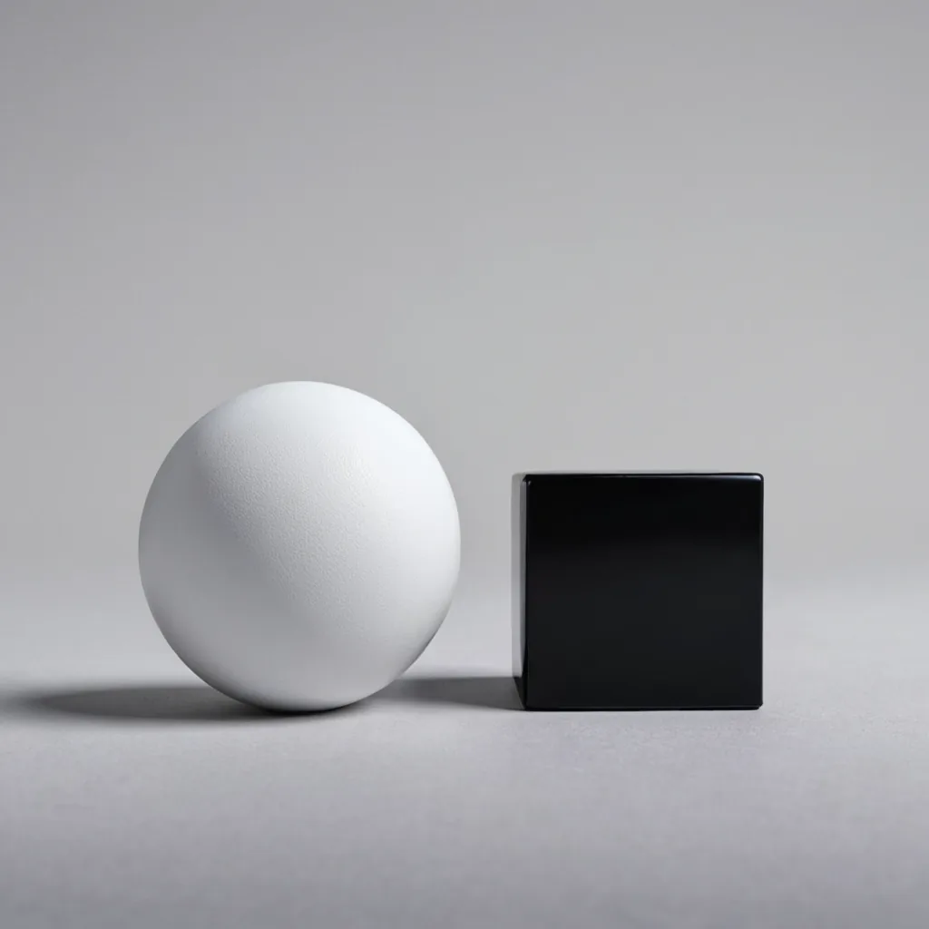 A white sphere and a black cube side by side, illustrating the structural difference between a linear index ETF and a daily-reset leveraged ETF.