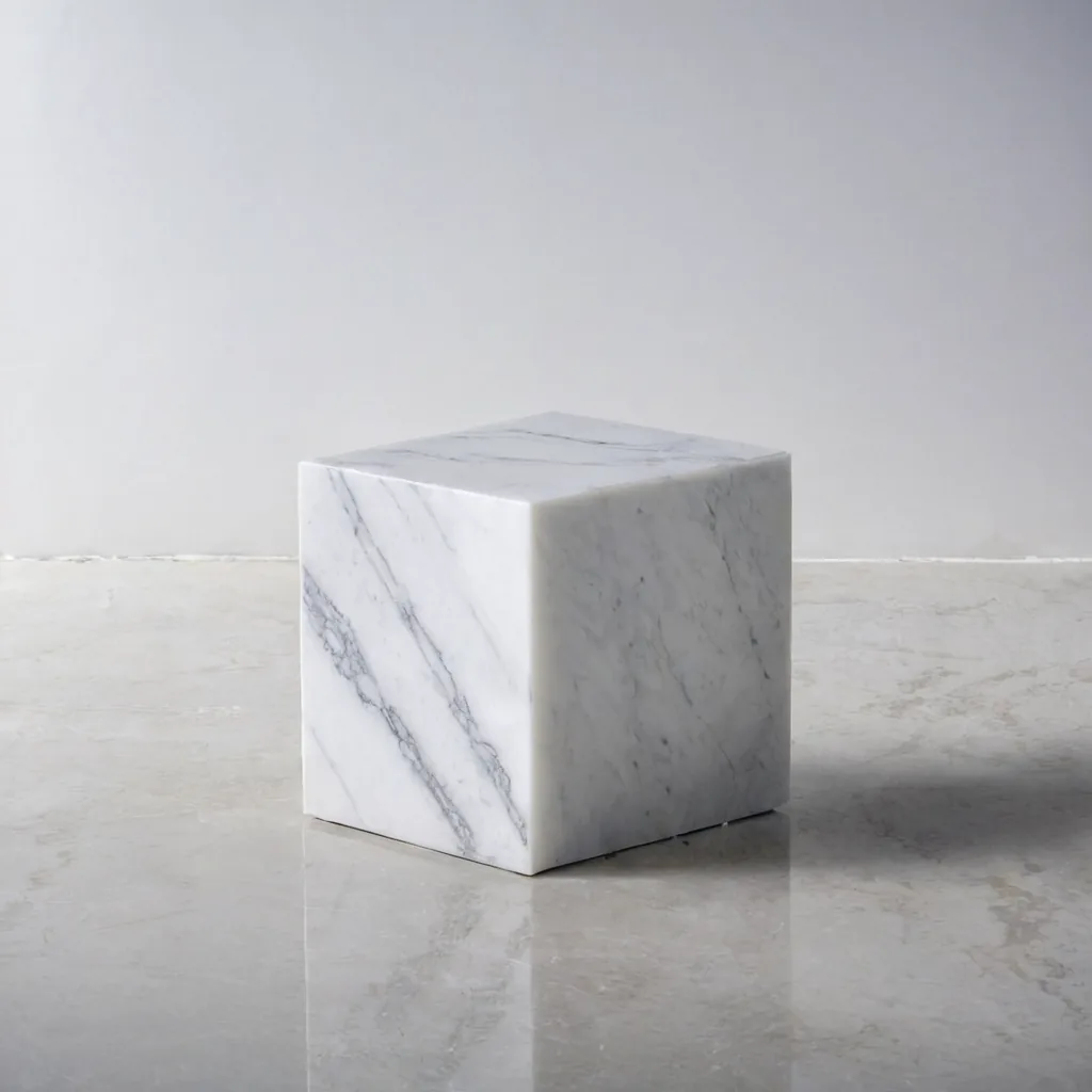 A single marble cube on a clean concrete floor — visual analogue for a single, durable foundation under a long-horizon allocation framework.