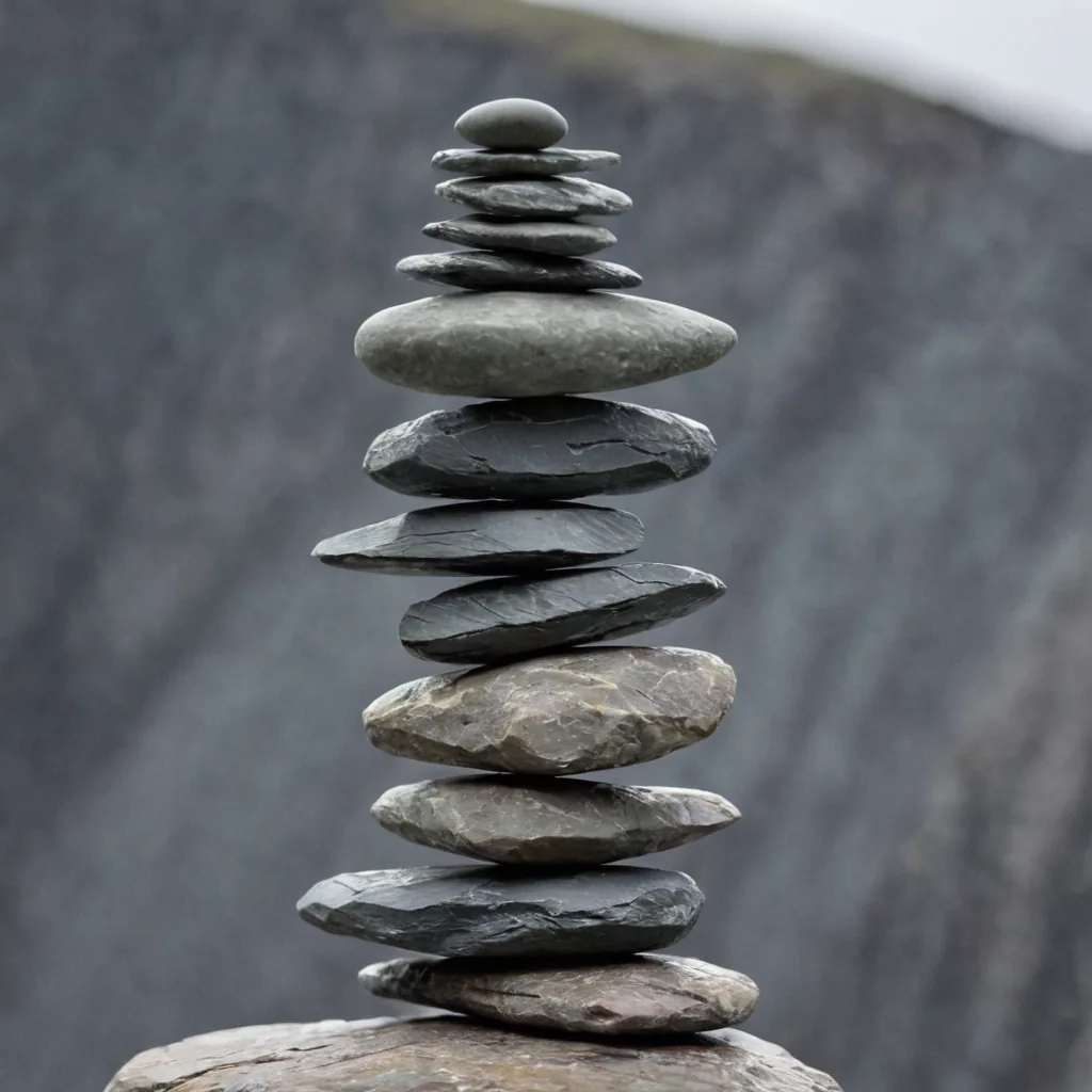 A tall stack of thin weathered stones balanced carefully — small things accumulating, but only when each one bears its own weight.