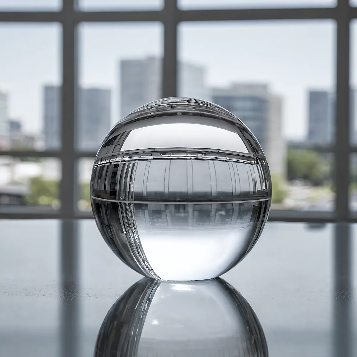 A crystal sphere on a metallic surface symbolizing market clarity and global capital flow
