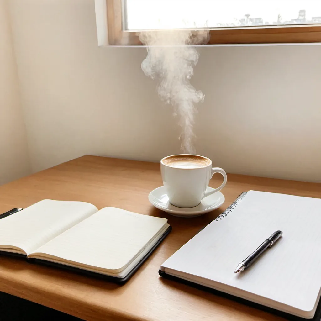 A minimalist desk with closed laptop, notebook and coffee in soft morning light, symbolizing patient long-horizon investing