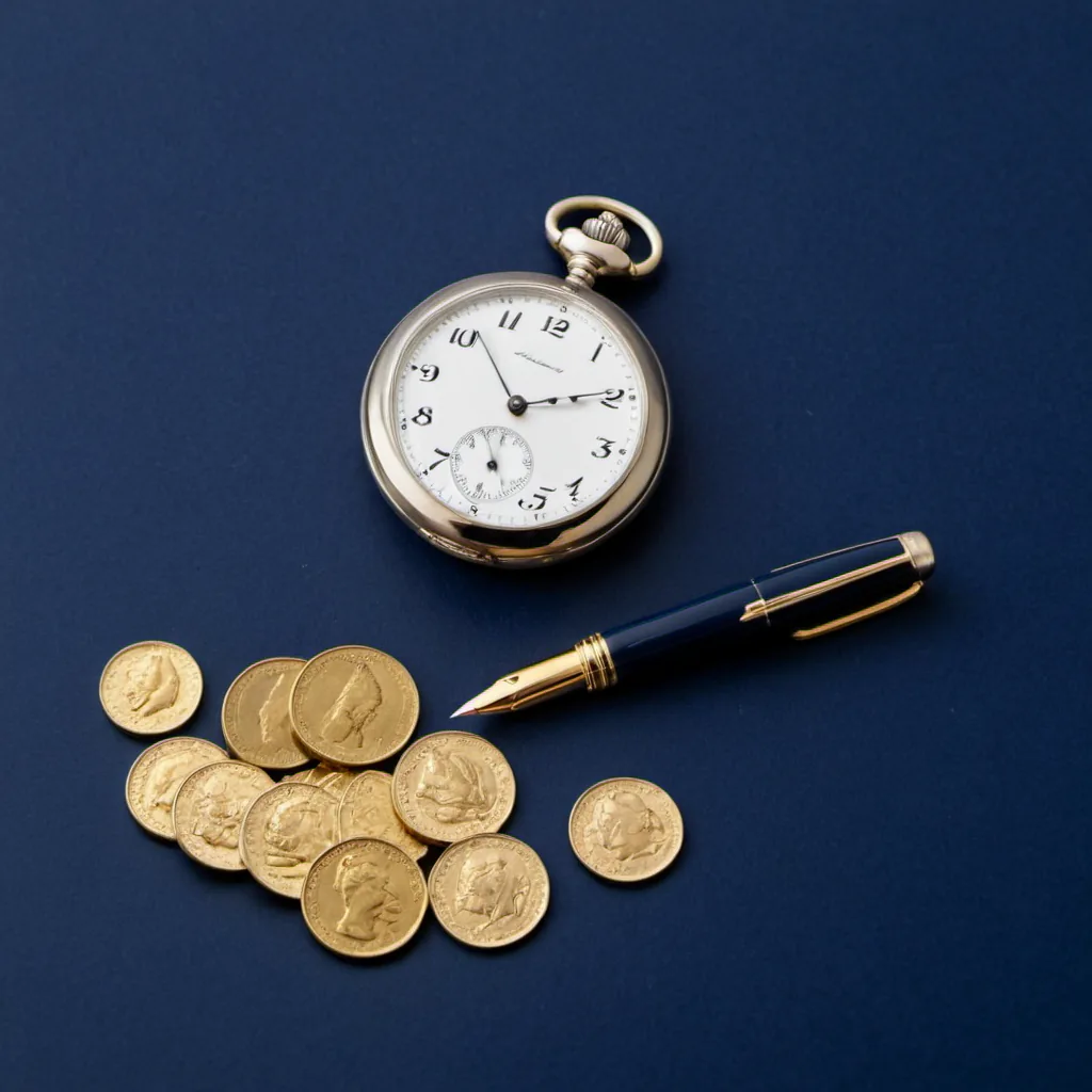 A vintage pocket watch and gold coins, representing long-horizon stewardship of wealth