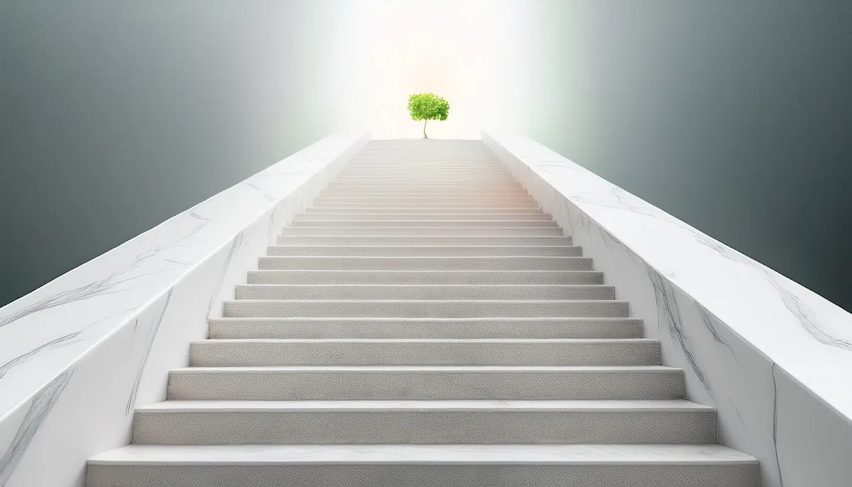 Stepped marble path with a small sprout, suggesting incremental long-horizon compounding