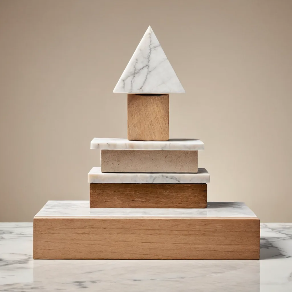 A stable structure made of marble and wood geometric blocks, symbolizing a diligent and firm financial foundation