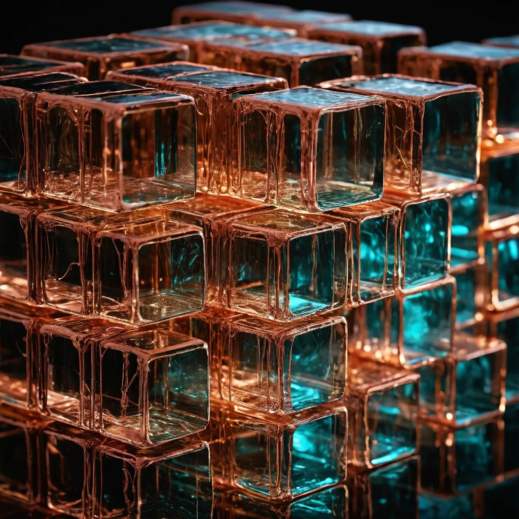 Macro photo of softly glowing copper wires inside a glass block, suggesting interconnected global systems
