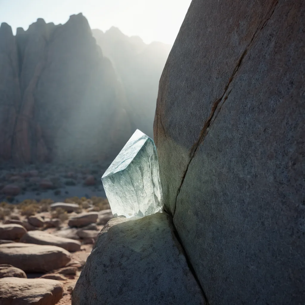Geometric glass wedge fitted into a natural rock crevice — a visual metaphor for niche utility exposure.