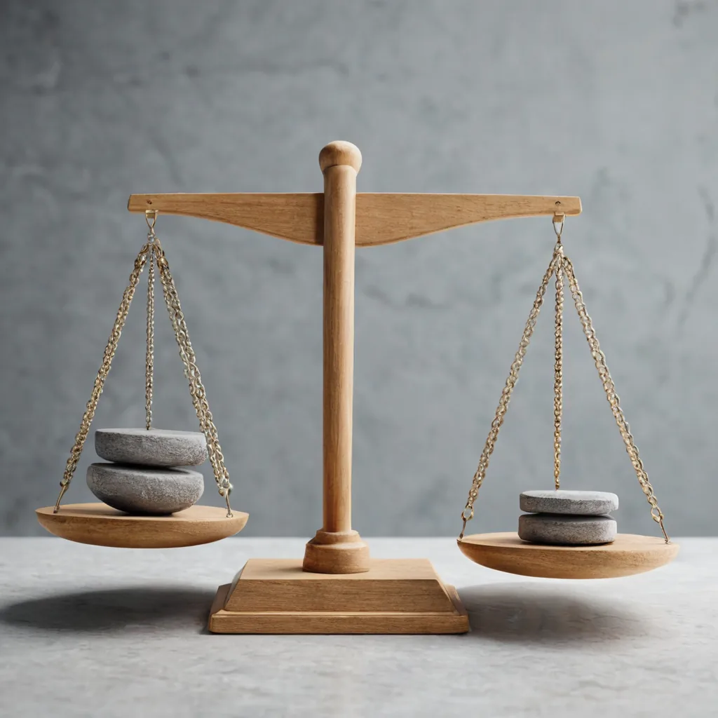 A wooden balance scale on stone, representing the trade-off between leverage and survivability in long-horizon ETF allocation.