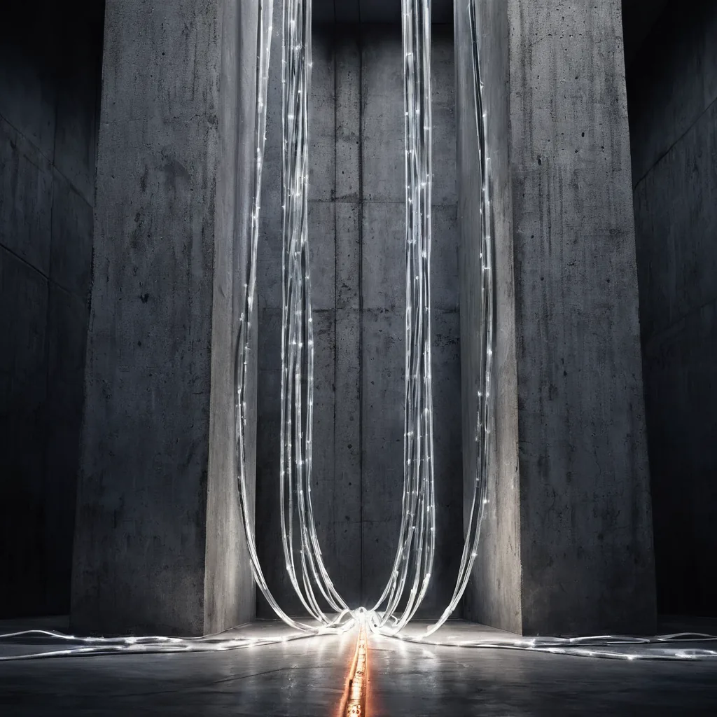 Metal conduits and light trails passing through a concrete structure — a visual reminder that the physical buildout, not the narrative, is what these ETFs ultimately hold.