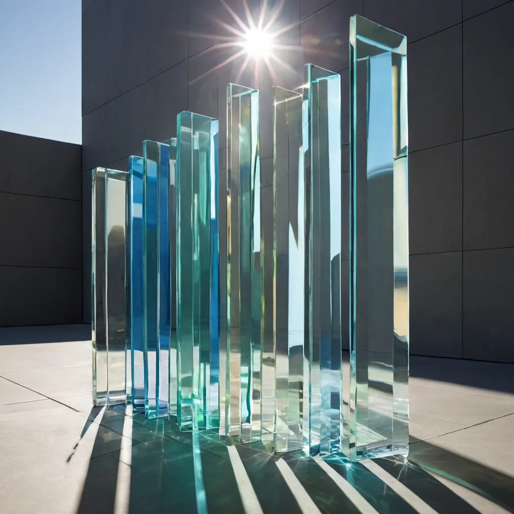 Vertical glass slabs arranged in a row, evoking the structural orderliness of electrical infrastructure and a steady flow of power.