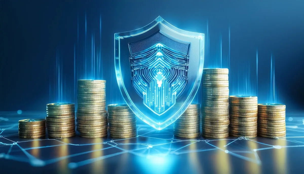 Symbolic digital shield protecting gold coins — risk management through systematic rebalancing