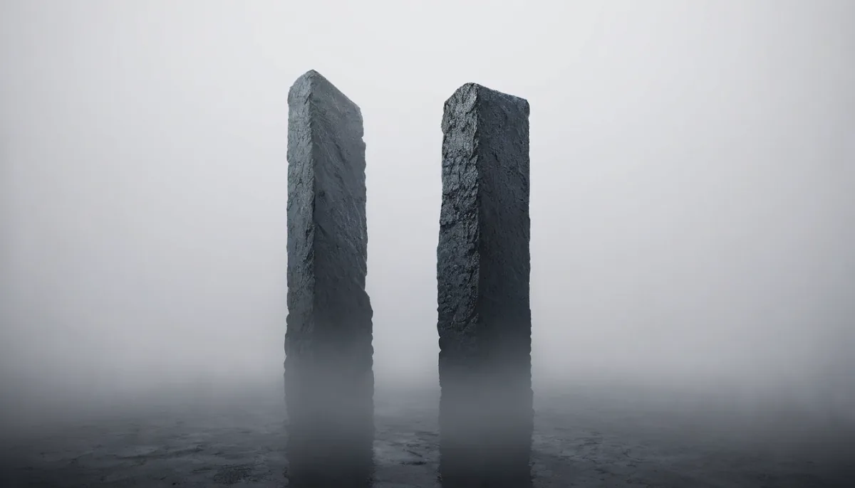 A solitary stone pillar standing in mist — visual metaphor for a portfolio that holds through a drawdown.